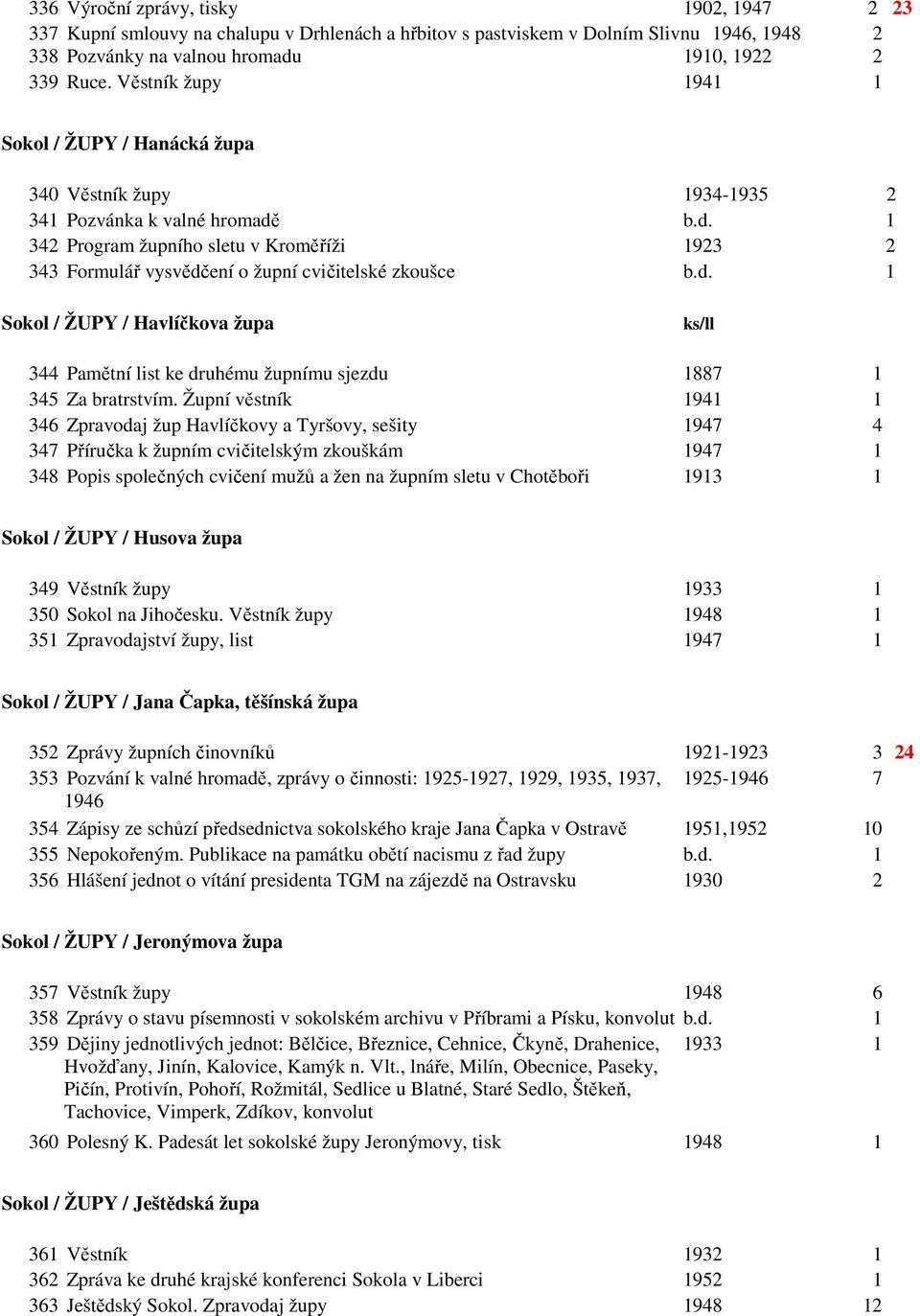 b.d. 1 342 Program župního sletu v Kroměříži 1923 2 343 Formulář vysvědčení o župní cvičitelské zkoušce b.d. 1 Sokol / ŽUPY / Havlíčkova župa ks/ll 344 Pamětní list ke druhému župnímu sjezdu 1887 1 345 Za bratrstvím.