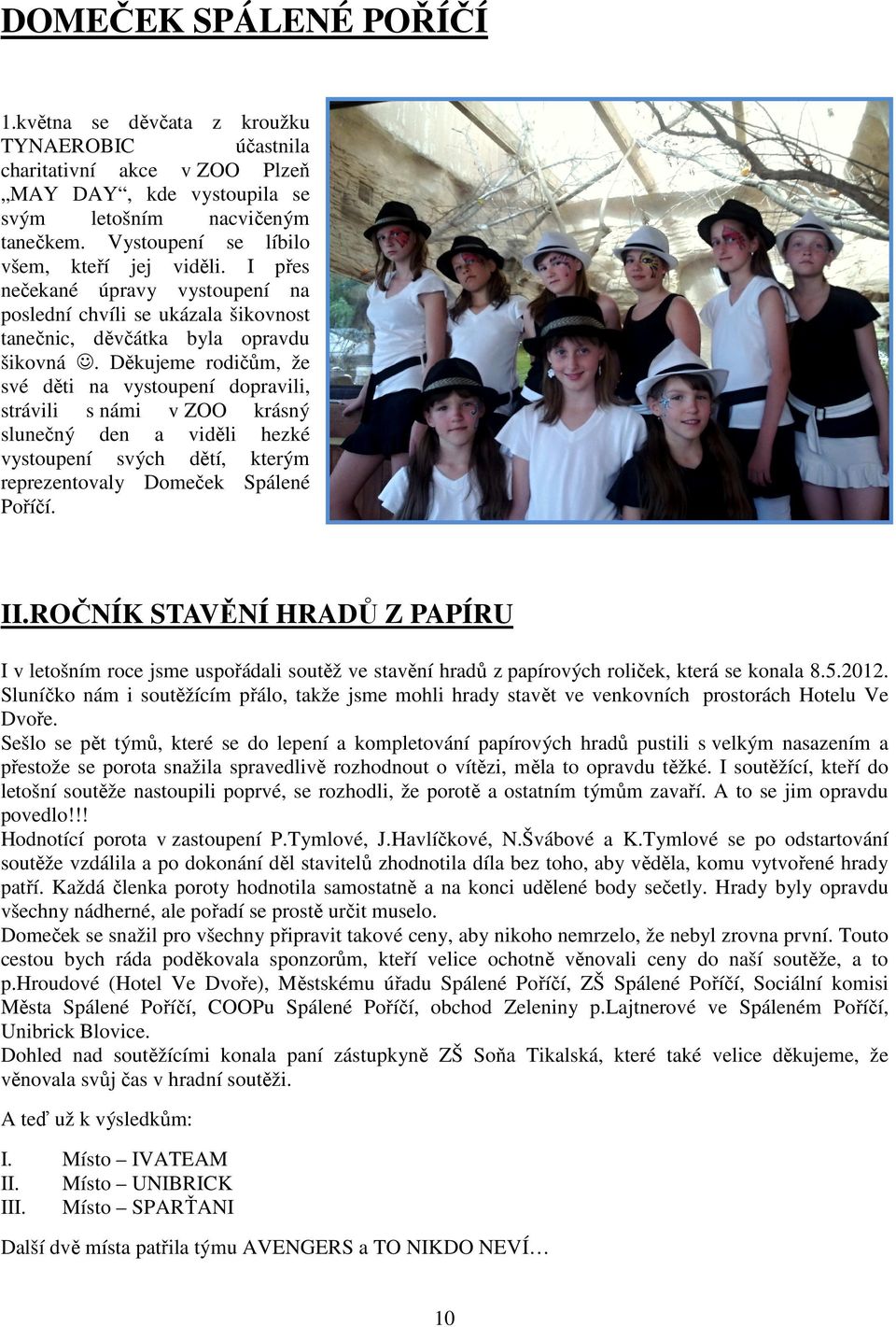Děkujeme rodičům, že své děti na vystoupení dopravili, strávili s námi v ZOO krásný slunečný den a viděli hezké vystoupení svých dětí, kterým reprezentovaly Domeček Spálené Poříčí. II.