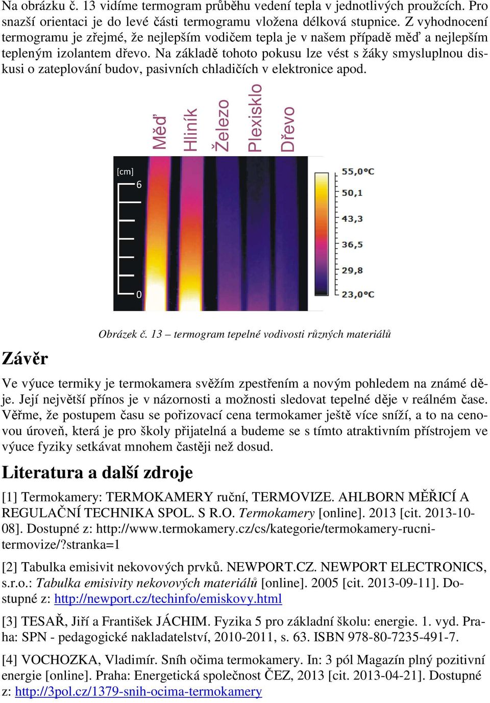 Na základě tohoto pokusu lze vést s žáky smysluplnou diskusi o zateplování budov, pasivních chladičích v elektronice apod. Měď Hliník Železo Plexisklo Dřevo Závěr Obrázek č.