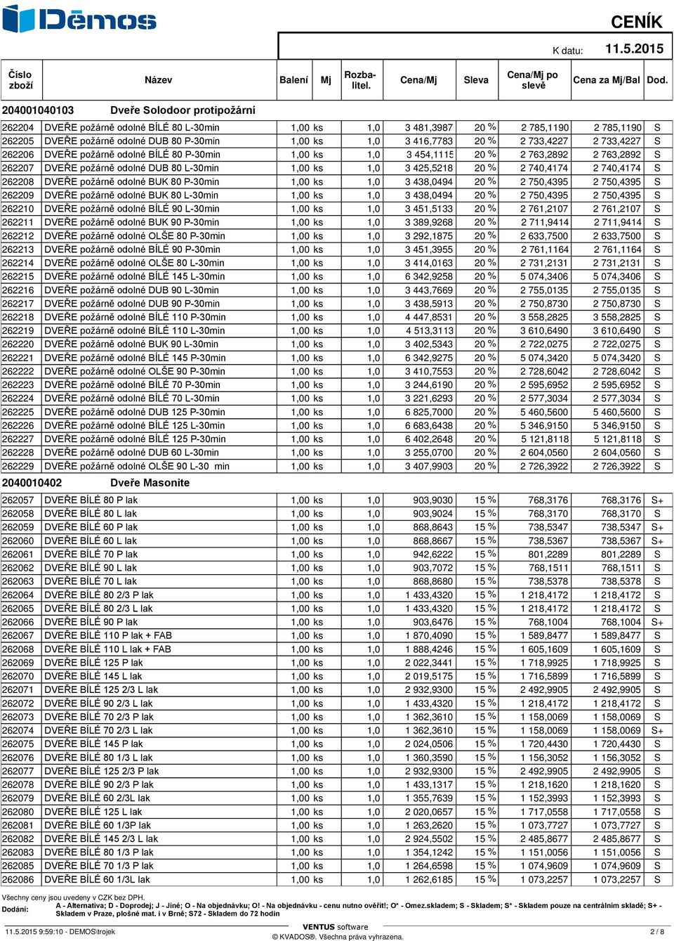 20 % 2 740,4174 2 740,4174 S 262208 DVEŘE požárně odolné BUK 80 P-30min 1,00 ks 1,0 3 438,0494 20 % 2 750,4395 2 750,4395 S 262209 DVEŘE požárně odolné BUK 80 L-30min 1,00 ks 1,0 3 438,0494 20 % 2