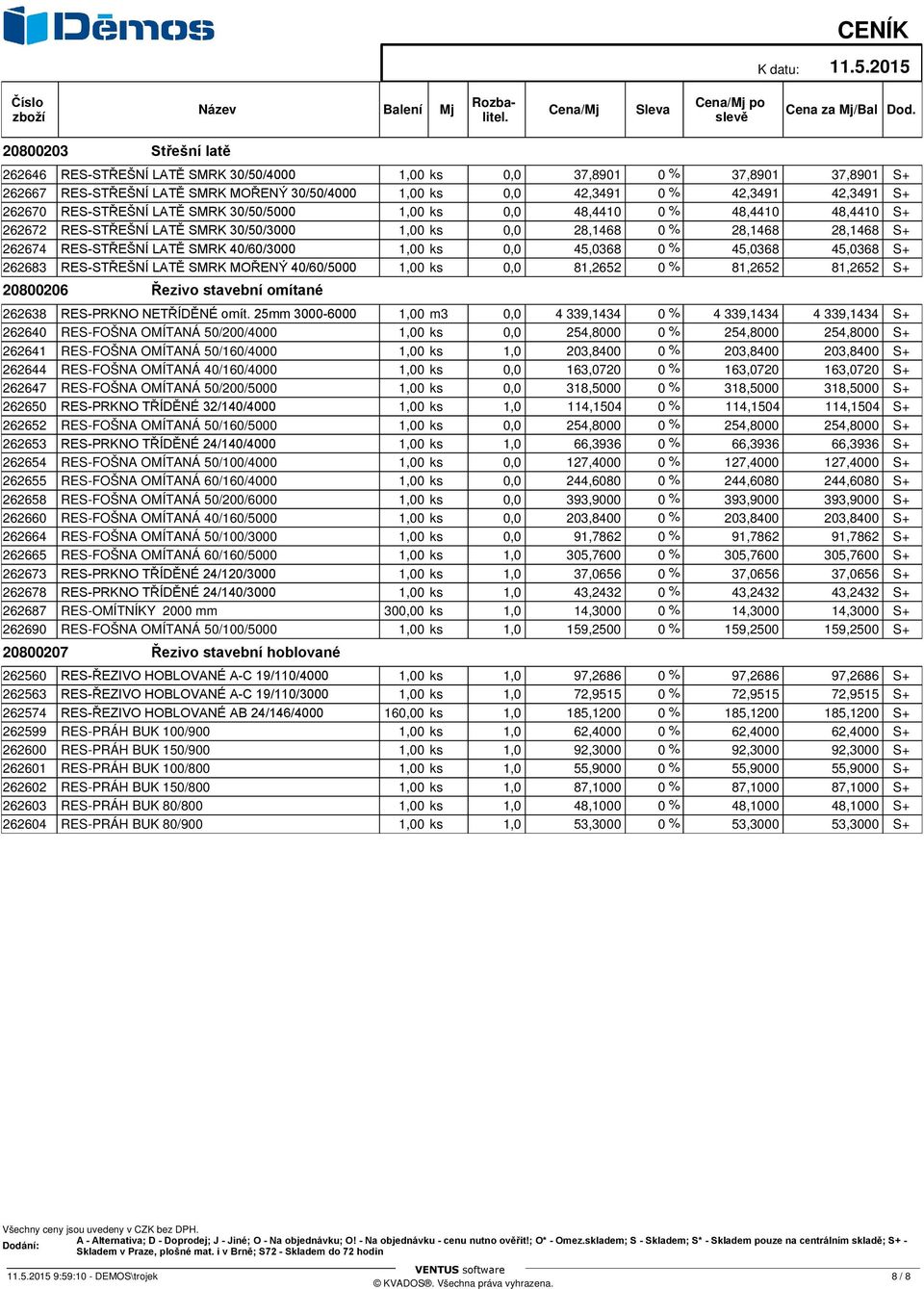 40/60/3000 1,00 ks 0,0 45,0368 0 % 45,0368 45,0368 S+ 262683 RES-STŘEŠNÍ LATĚ SMRK MOŘENÝ 40/60/5000 1,00 ks 0,0 81,2652 0 % 81,2652 81,2652 S+ 20800206 Řezivo stavební omítané 262638 RES-PRKNO