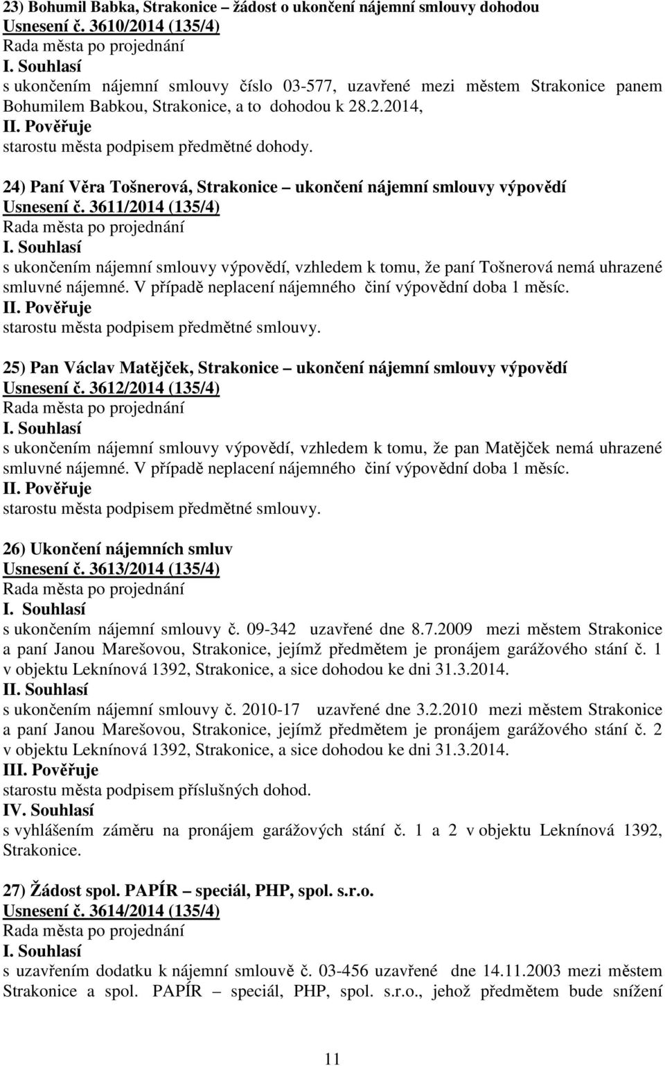 24) Paní Věra Tošnerová, Strakonice ukončení nájemní smlouvy výpovědí Usnesení č.