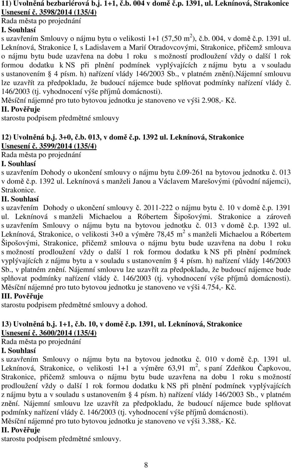 Leknínová, Strakonice I, s Ladislavem a Marií Otradovcovými, Strakonice, přičemž smlouva o nájmu bytu bude uzavřena na dobu 1 roku s možností prodloužení vždy o další 1 rok formou dodatku k NS při