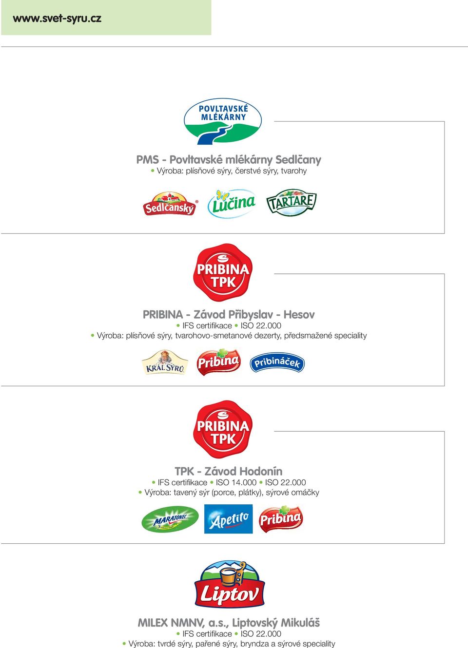 000 Výroba: plísňové sýry, tvarohovo-smetanové dezerty, předsmažené speciality TPK - Závod Hodonín IFS certifi