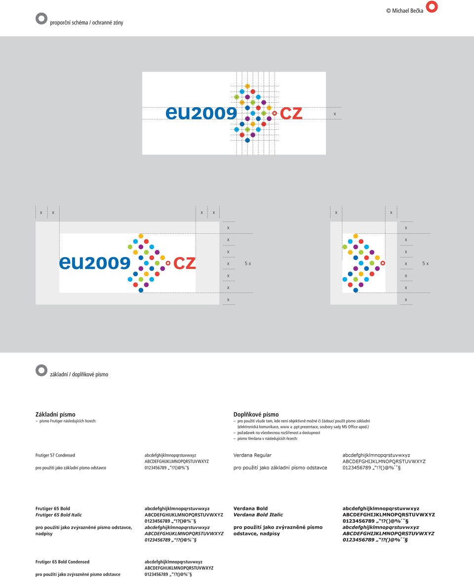) požadavek na všeobecnou rozšířenost a dostupnost písmo Verdana v následujících řezech: Frutiger 57 Condensed pro použití jako základní písmo odstavce abcdefghijklmnopqrstuvwyz Verdana Regular pro