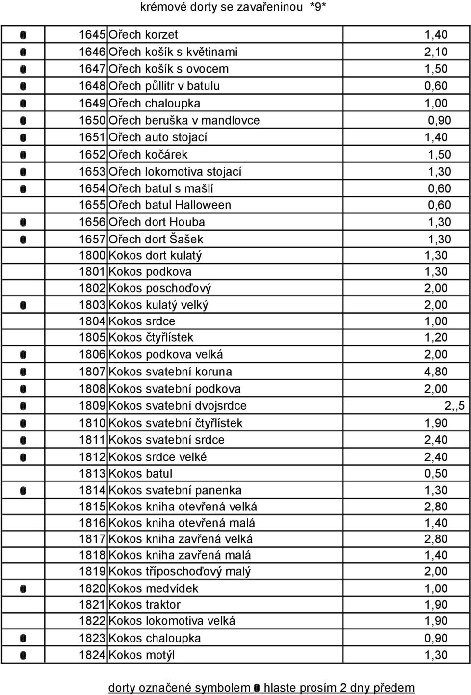 Ořech dort Houba 1,30 o 1657 Ořech dort Šašek 1,30 1800 Kokos dort kulatý 1,30 1801 Kokos podkova 1,30 1802 Kokos poschoďový 2,00 o 1803 Kokos kulatý velký 2,00 1804 Kokos srdce 1,00 1805 Kokos