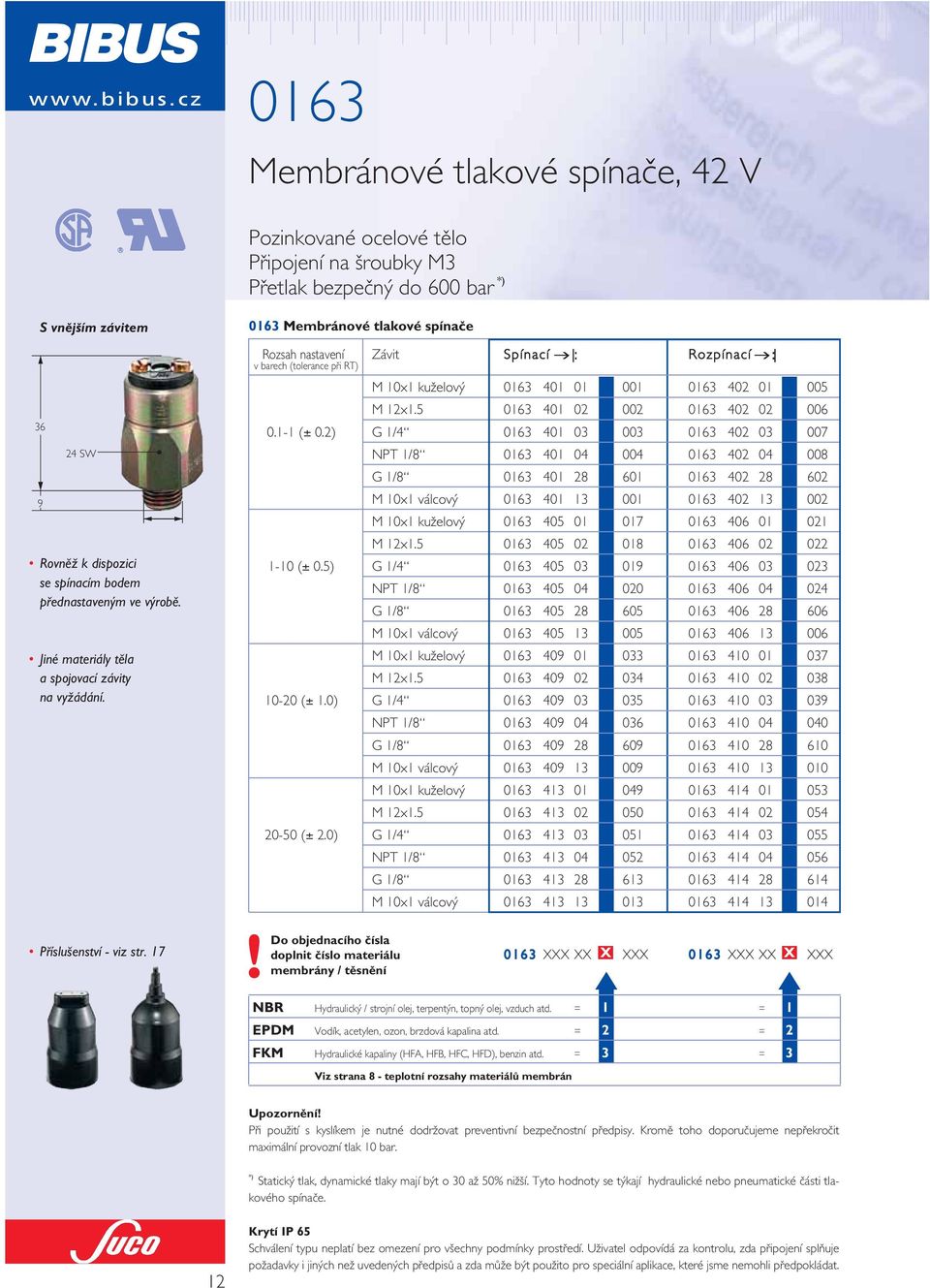 0163 Membránové tlakové spínaãe Rozsah nastavení Závit Spínací : Rozpínací : v barech (tolerance pfii RT) M 10x1 kuïelov 0163 401 01 001 0163 402 01 005 M 12x1.5 0163 401 02 002 0163 402 02 006 0.