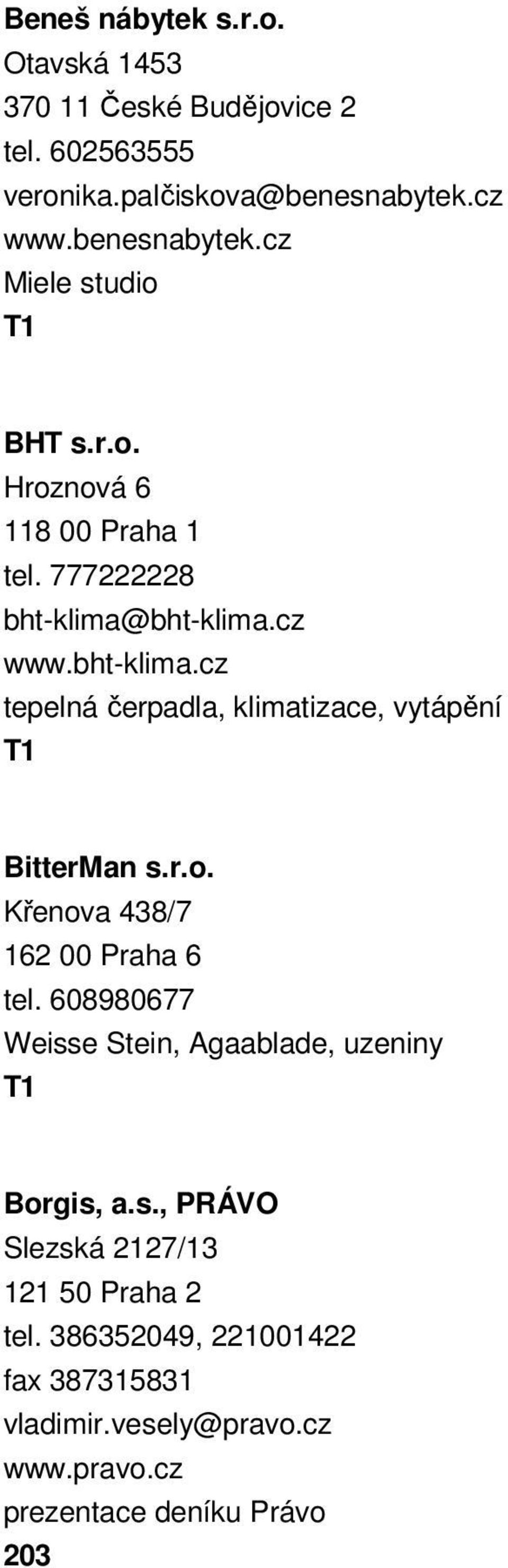 r.o. Křenova 438/7 162 00 Praha 6 tel. 608980677 Weisse Stein, Agaablade, uzeniny Borgis, a.s., PRÁVO Slezská 2127/13 121 50 Praha 2 tel.