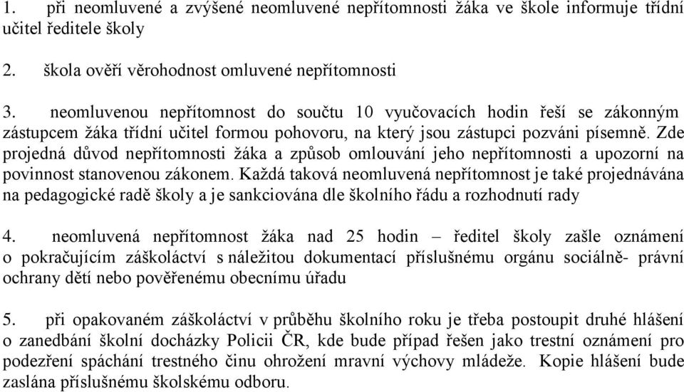 Zde projedná důvod nepřítomnosti žáka a způsob omlouvání jeho nepřítomnosti a upozorní na povinnost stanovenou zákonem.