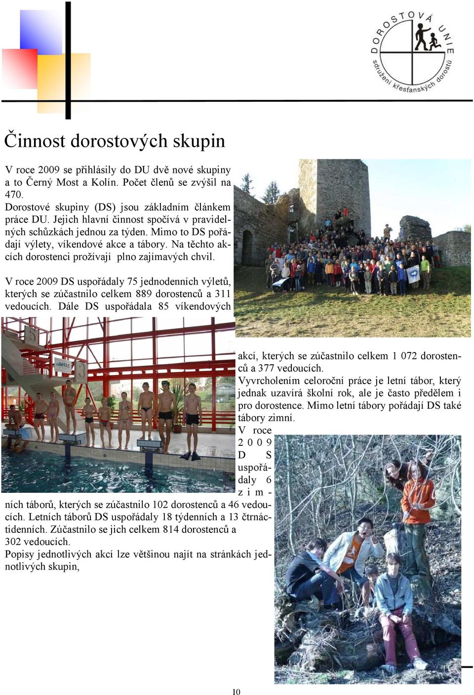 V roce 2009 DS uspořádaly 75 jednodenních výletů, kterých se zúčastnilo celkem 889 dorostenců a 311 vedoucích.