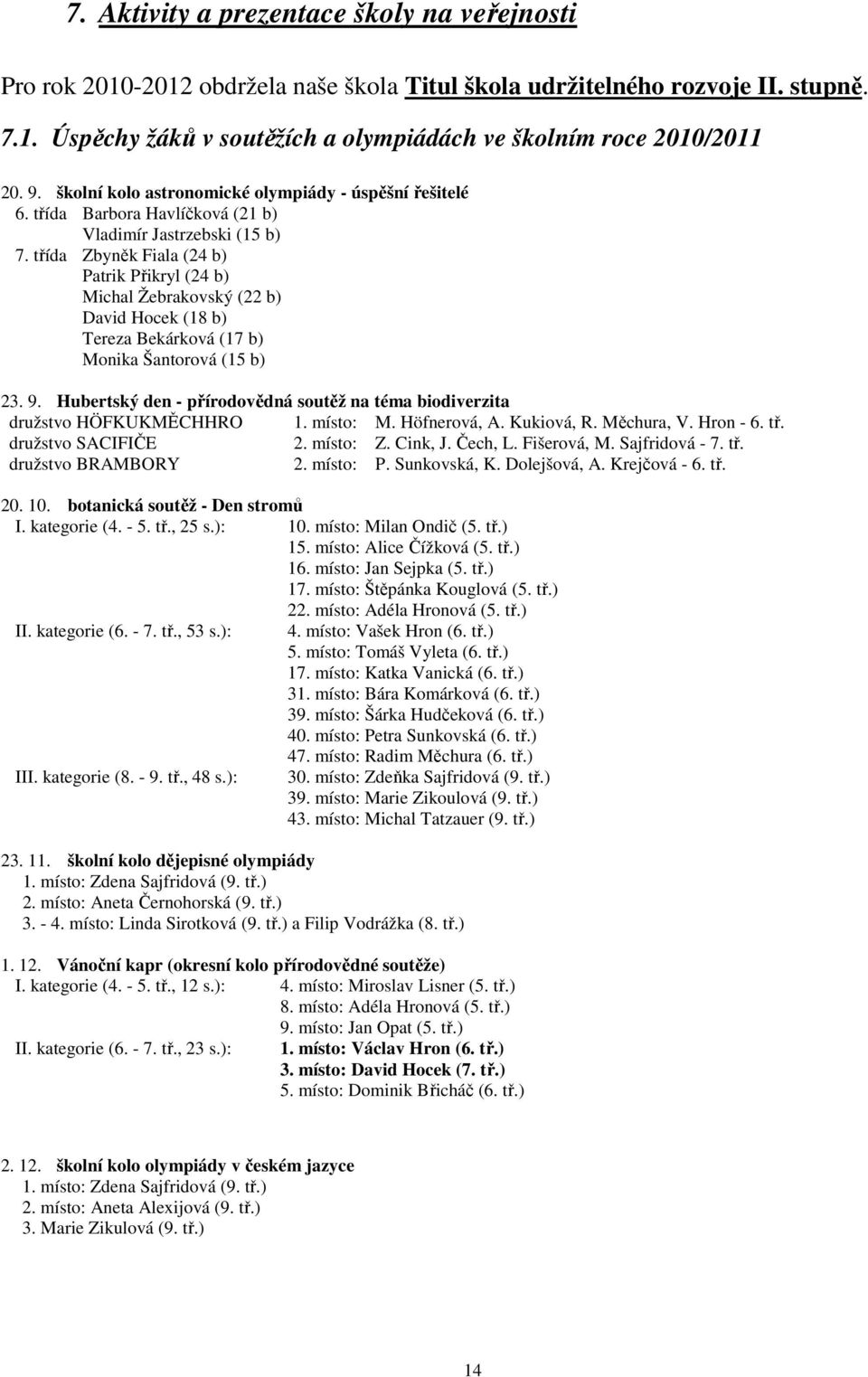 třída Zbyněk Fiala (24 b) Patrik Přikryl (24 b) Michal Žebrakovský (22 b) David Hocek (18 b) Tereza Bekárková (17 b) Monika Šantorová (15 b) 23. 9.