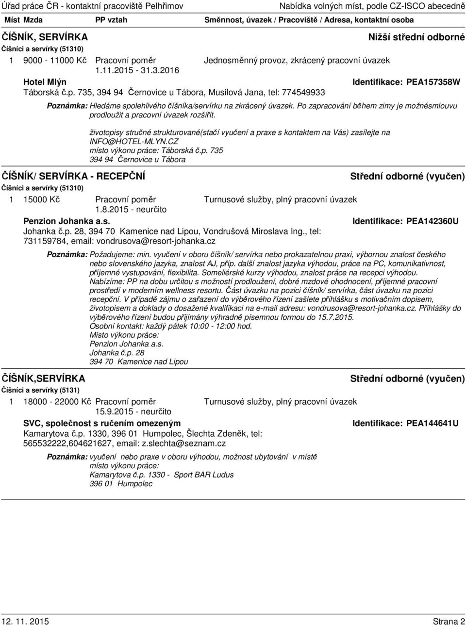 735, 394 94 Černovice u Tábora, Musilová Jana, tel: 774549933 Jednosměnný provoz, zkrácený pracovní úvazek Nižší střední odborné Identifikace: PEA157358W Poznámka: Hledáme spolehlivého