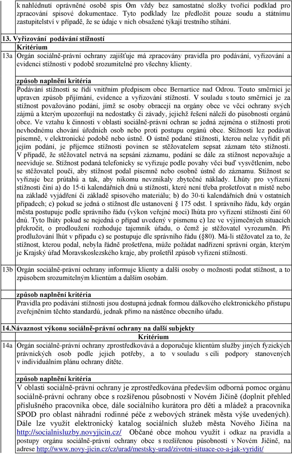 Vyřizování podávání stížností 13a Orgán sociálně-právní ochrany zajišťuje má zpracovány pravidla pro podávání, vyřizování a evidenci stížností v podobě srozumitelné pro všechny klienty.