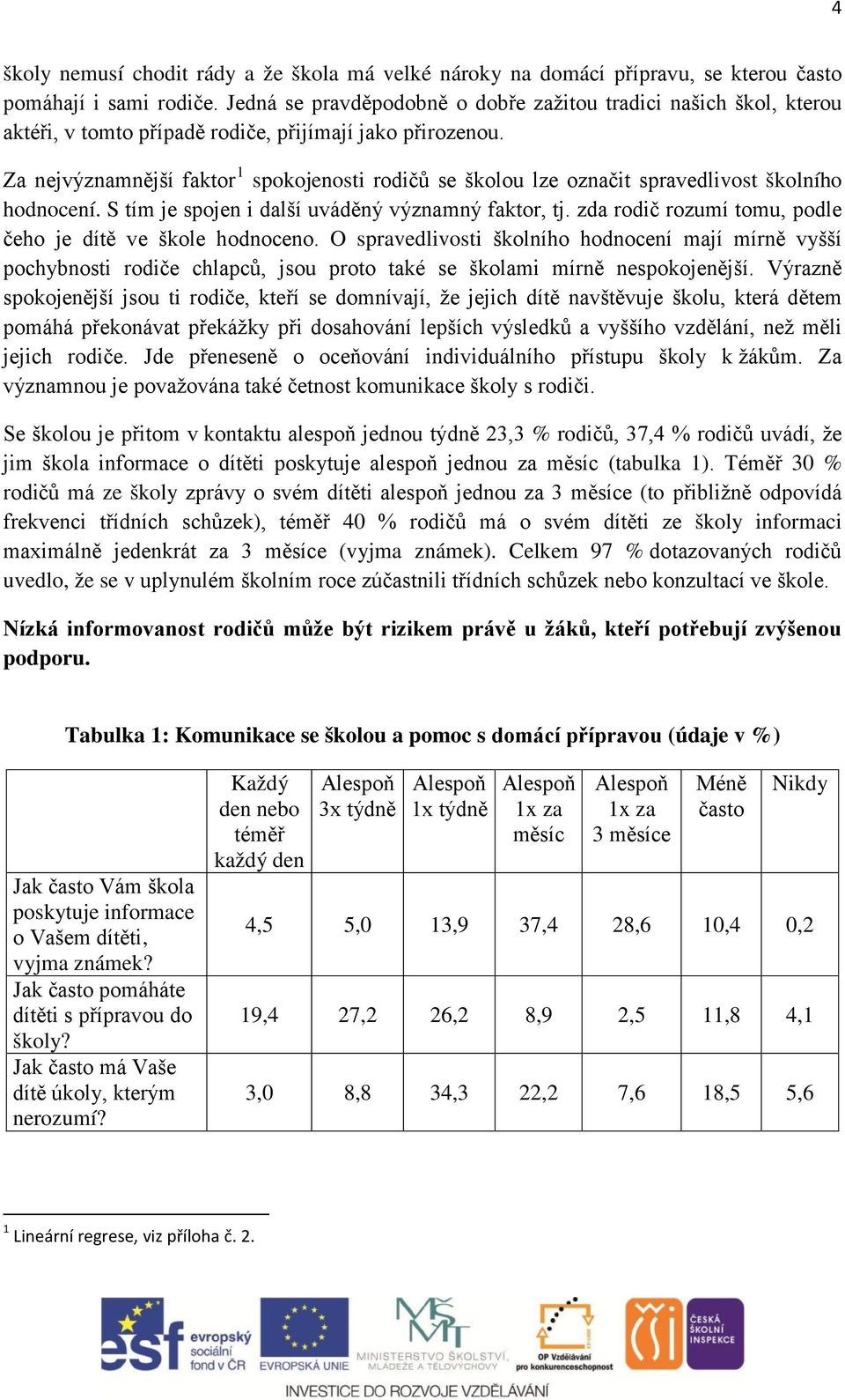 Za nejvýznamnější faktor 1 spokojenosti rodičů se školou lze označit spravedlivost školního hodnocení. S tím je spojen i další uváděný významný faktor, tj.