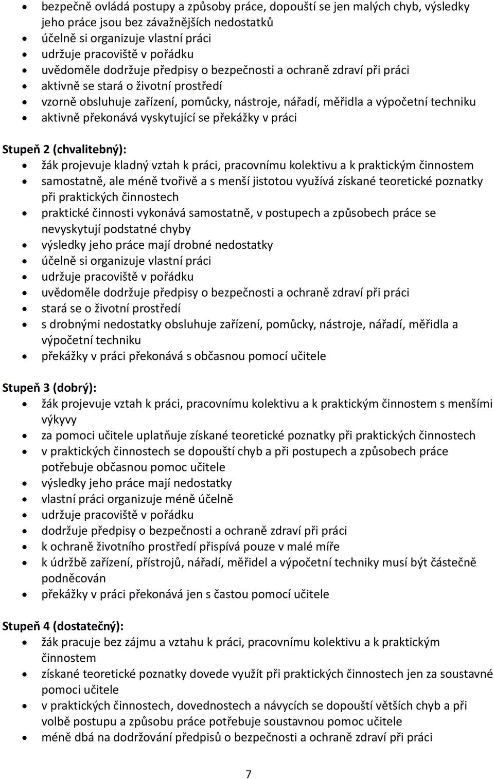 vyskytující se překážky v práci Stupeň 2 (chvalitebný): žák projevuje kladný vztah k práci, pracovnímu kolektivu a k praktickým činnostem samostatně, ale méně tvořivě a s menší jistotou využívá