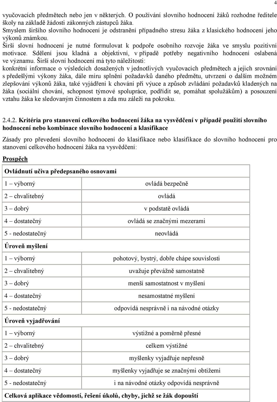 Širší slovní hodnocení je nutné formulovat k podpoře osobního rozvoje žáka ve smyslu pozitivní motivace. Sdělení jsou kladná a objektivní, v případě potřeby negativního hodnocení oslabená ve významu.