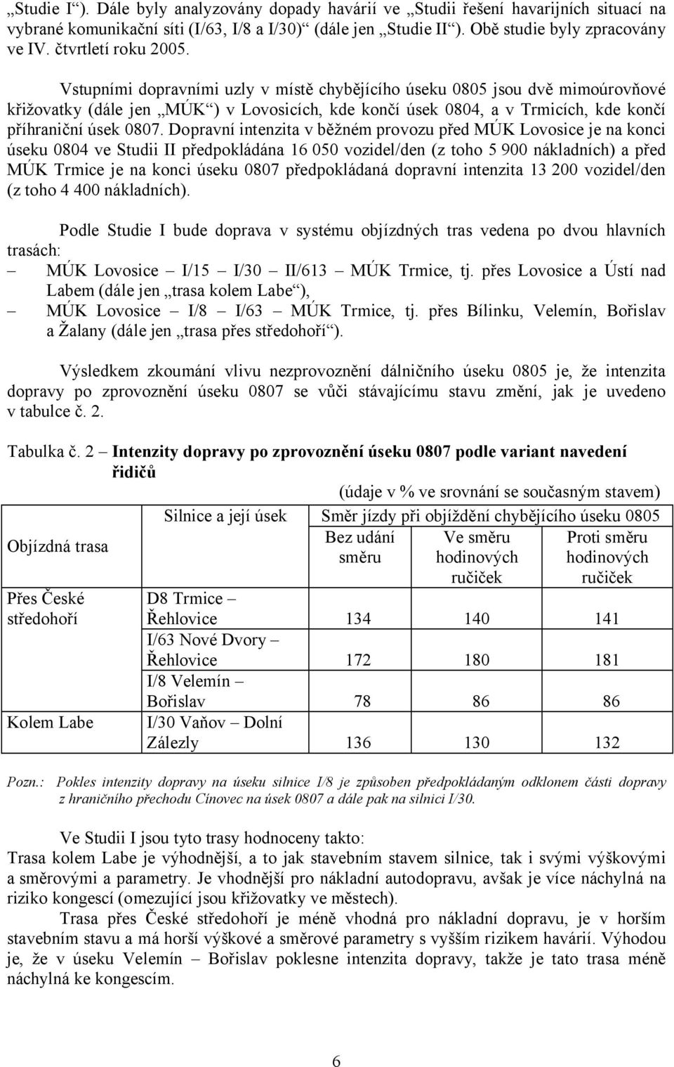 Vstupními dopravními uzly v místě chybějícího úseku 0805 jsou dvě mimoúrovňové křižovatky (dále jen MÚK ) v Lovosicích, kde končí úsek 0804, a v Trmicích, kde končí příhraniční úsek 0807.