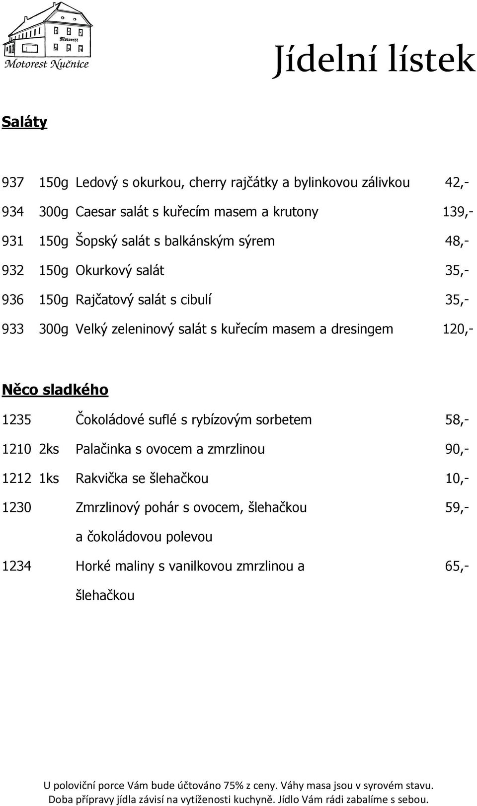 kuřecím masem a dresingem 120,- Něco sladkého 1235 Čokoládové suflé s rybízovým sorbetem 58,- 1210 2ks Palačinka s ovocem a zmrzlinou 90,- 1212