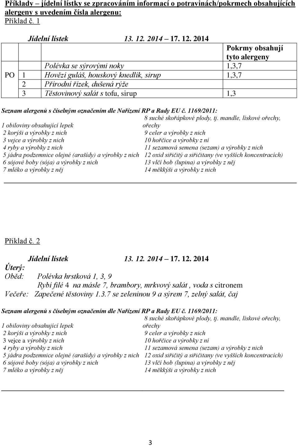 2014 Pokrmy obsahují tyto alergeny Polévka se sýrovými noky 1,3,7 PO 1 Hovězí guláš, houskový knedlík, sirup 1,3,7 2 Přírodní řízek, dušená rýže 3 Těstovinový salát s tofu, sirup 1,3 Seznam alergenů