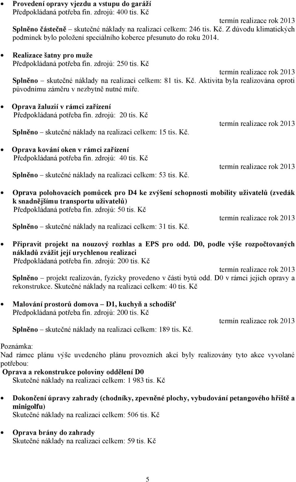 Oprava žaluzií v rámci zařízení Předpokládaná potřeba fin. zdrojů: 20 tis. Kč Splněno skutečné náklady na realizaci celkem: 15 tis. Kč. Oprava kování oken v rámci zařízení Předpokládaná potřeba fin.