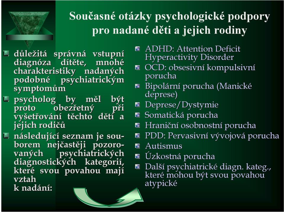 kategorií, které svou povahou mají vztah k nadání: ADHD: Attention Deficit Hyperactivity Disorder OCD: obsesivní kompulsivní porucha Bipolární porucha (Manické deprese)