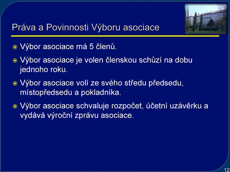 Výbor asociace volí ze svého středu předsedu, místopředsedu a