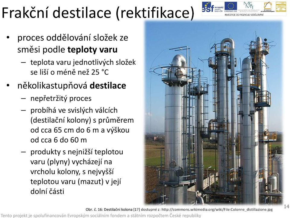 m a výškou od cca 6 do 60 m produkty s nejnižší teplotou varu (plyny) vycházejí na vrcholu kolony, s nejvyšší teplotou varu (mazut)