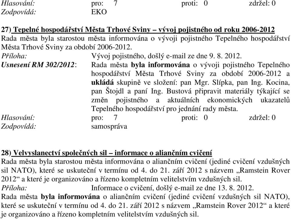 Usnesení RM 302/2012: Rada města byla informována o vývoji pojistného Tepelného hospodářství Města Trhové Sviny za období 2006-2012 a ukládá skupině ve složení: pan Mgr. Slípka, pan Ing.