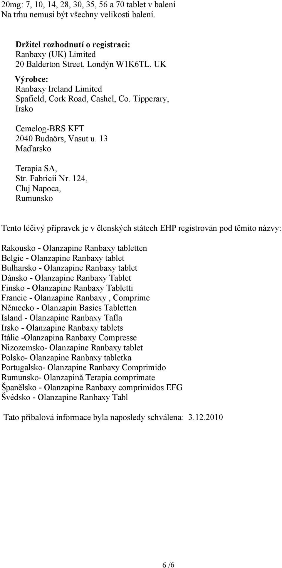 Tipperary, Irsko Cemelog-BRS KFT 2040 Budaörs, Vasut u. 13 Maďarsko Terapia SA, Str. Fabricii Nr.