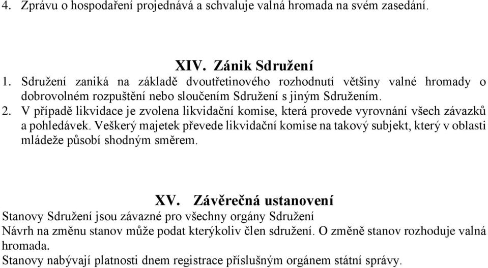 V případě likvidace je zvolena likvidační komise, která provede vyrovnání všech závazků a pohledávek.