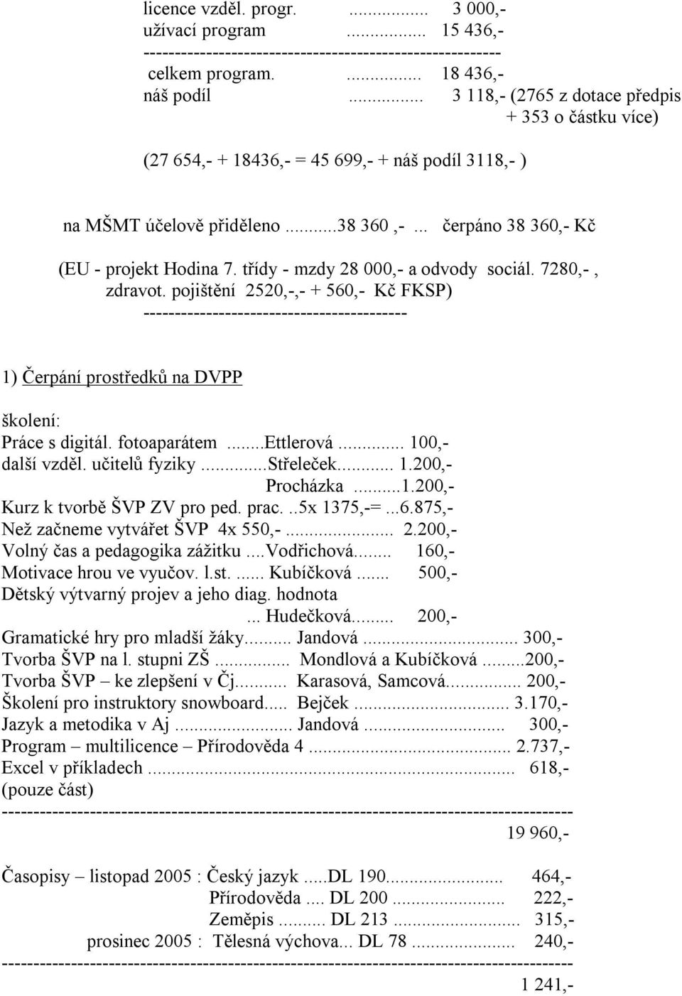 třídy - mzdy 28 000,- a odvody sociál. 7280,-, zdravot. pojištění 2520,-,- + 560,- Kč FKSP) ------------------------------------------ 1) Čerpání prostředků na DVPP školení: Práce s digitál.