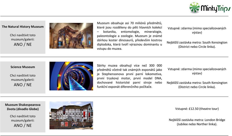 Nejbližší zastávka metra: South Kensington Science Museum Sbírky muzea obsahují více než 300 000 předmětů včetně tak známých exponátů jako je Stephensonova první parní lokomotiva, první tryskový