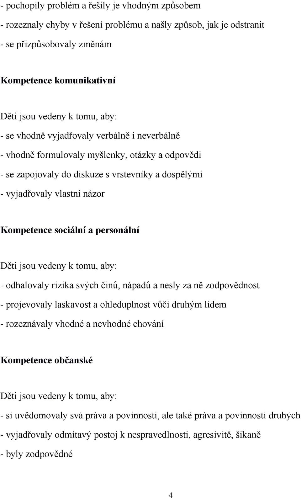 personální Děti jsou vedeny k tomu, aby: - odhalovaly rizika svých činů, nápadů a nesly za ně zodpovědnost - projevovaly laskavost a ohleduplnost vůči druhým lidem - rozeznávaly vhodné a nevhodné