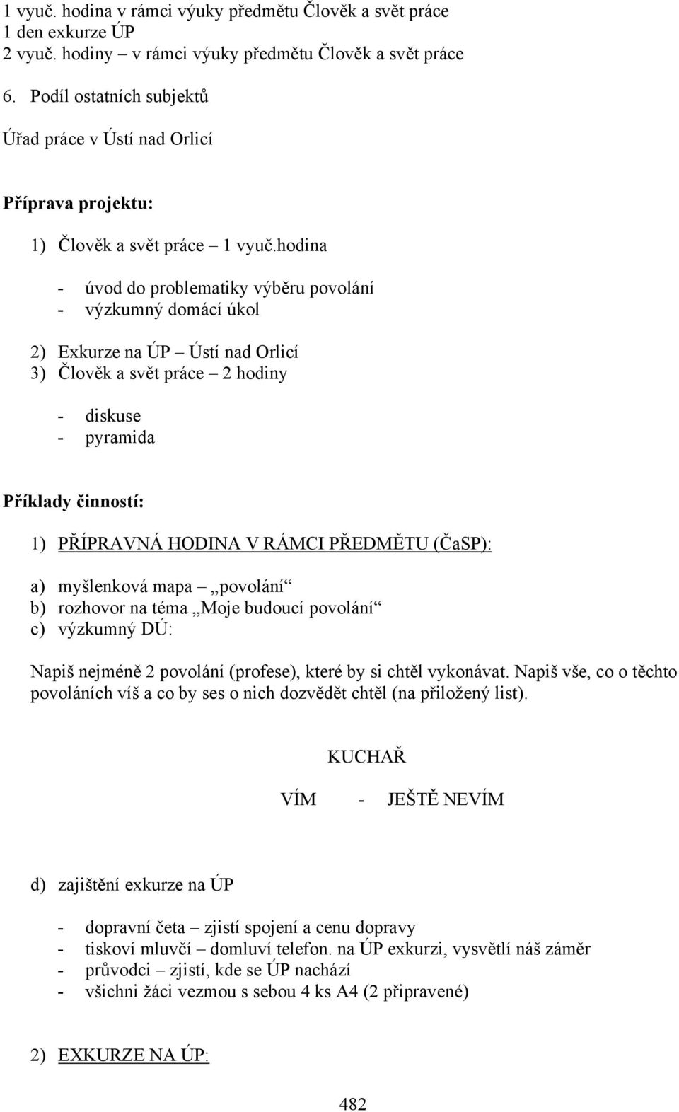 hodina - úvod do problematiky výběru povolání - výzkumný domácí úkol 2) Exkurze na ÚP Ústí nad Orlicí 3) Člověk a svět práce 2 hodiny - diskuse - pyramida Příklady činností: 1) PŘÍPRAVNÁ HODINA V