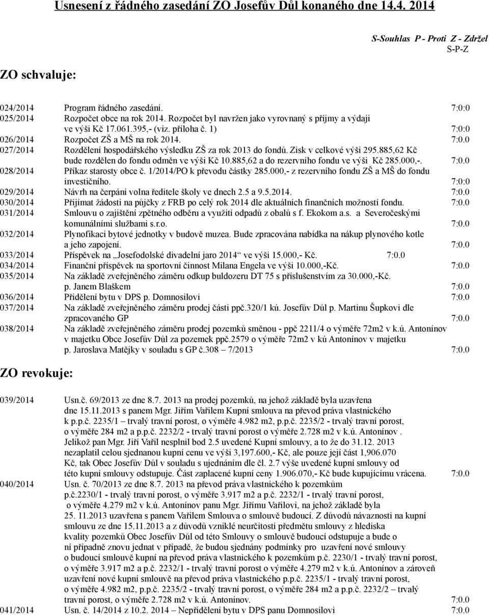 Zisk v celkové výši 295.885,62 Kč bude rozdělen do fondu odměn ve výši Kč 10.885,62 a do rezervního fondu ve výši Kč 285.000,-. 7:0.0 028/2014 Příkaz starosty obce č. 1/2014/PO k převodu částky 285.