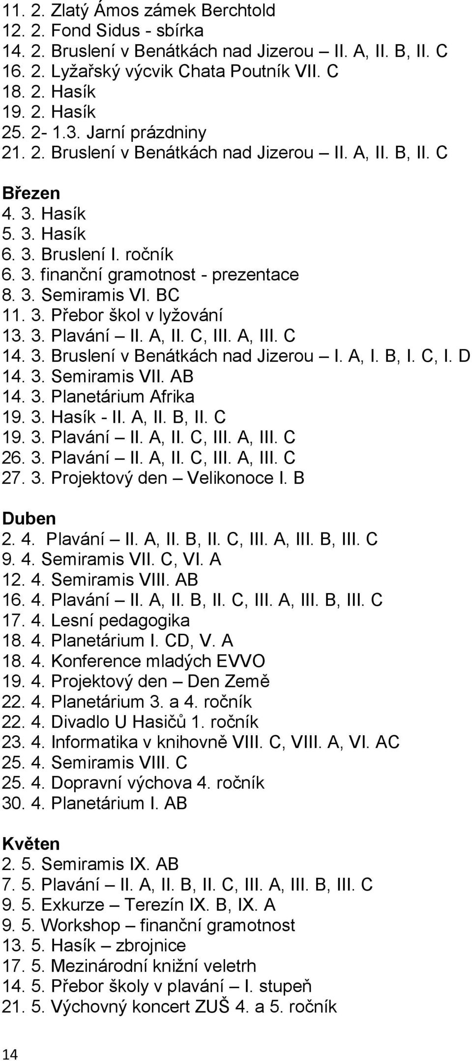 3. Přebor škol v lyžování 13. 3. Plavání II. A, II. C, III. A, III. C 14. 3. Bruslení v Benátkách nad Jizerou I. A, I. B, I. C, I. D 14. 3. Semiramis VII. AB 14. 3. Planetárium Afrika 19. 3. Hasík - II.