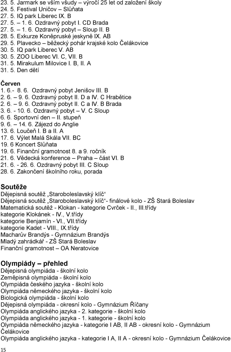5. Den dětí Červen 1. 6.- 8. 6. Ozdravný pobyt Jenišov III. B 2. 6. 9. 6. Ozdravný pobyt II. D a IV. C Hrabětice 2. 6. 9. 6. Ozdravný pobyt II. C a IV. B Brada 3. 6. - 10. 6. Ozdravný pobyt V.