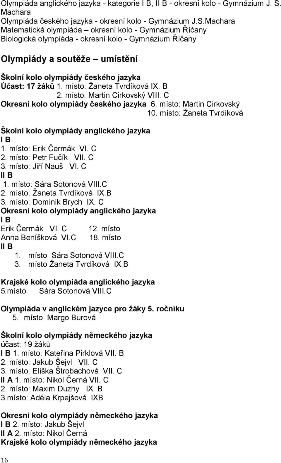 Machara Matematická olympiáda okresní kolo - Gymnázium Říčany Biologická olympiáda - okresní kolo - Gymnázium Říčany Olympiády a soutěže umístění Školní kolo olympiády českého jazyka Účast: 17 žáků 1.