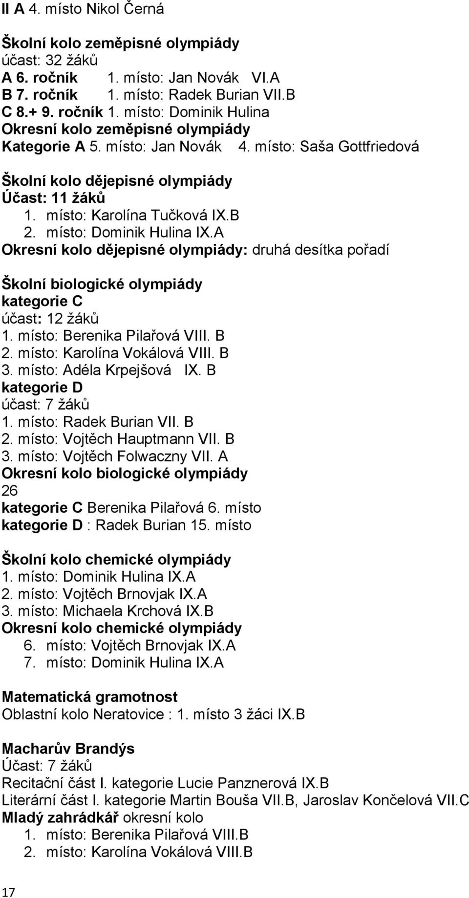 A Okresní kolo dějepisné olympiády: druhá desítka pořadí Školní biologické olympiády kategorie C účast: 12 žáků 1. místo: Berenika Pilařová VIII. B 2. místo: Karolína Vokálová VIII. B 3.