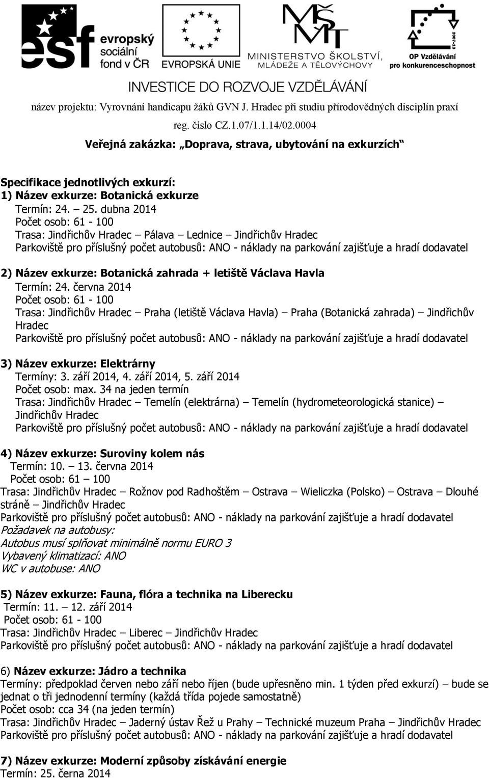 června 2014 Trasa: Jindřichův Hradec Praha (letiště Václava Havla) Praha (Botanická zahrada) Jindřichův Hradec 3) Název exkurze: Elektrárny Termíny: 3. září 2014, 4. září 2014, 5.