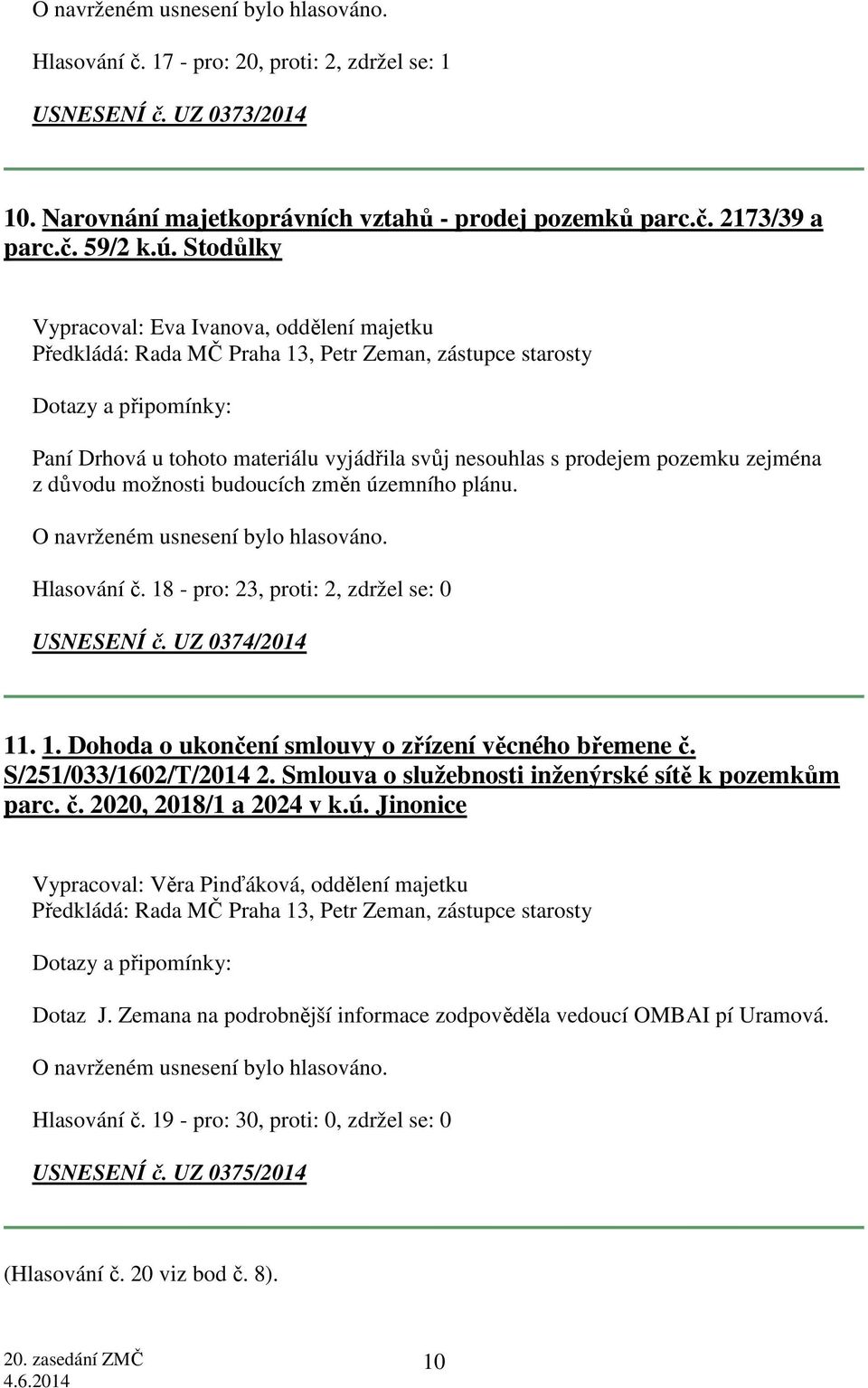 důvodu možnosti budoucích změn územního plánu. Hlasování č. 18 - pro: 23, proti: 2, zdržel se: 0 USNESENÍ č. UZ 0374/2014 11. 1. Dohoda o ukončení smlouvy o zřízení věcného břemene č.