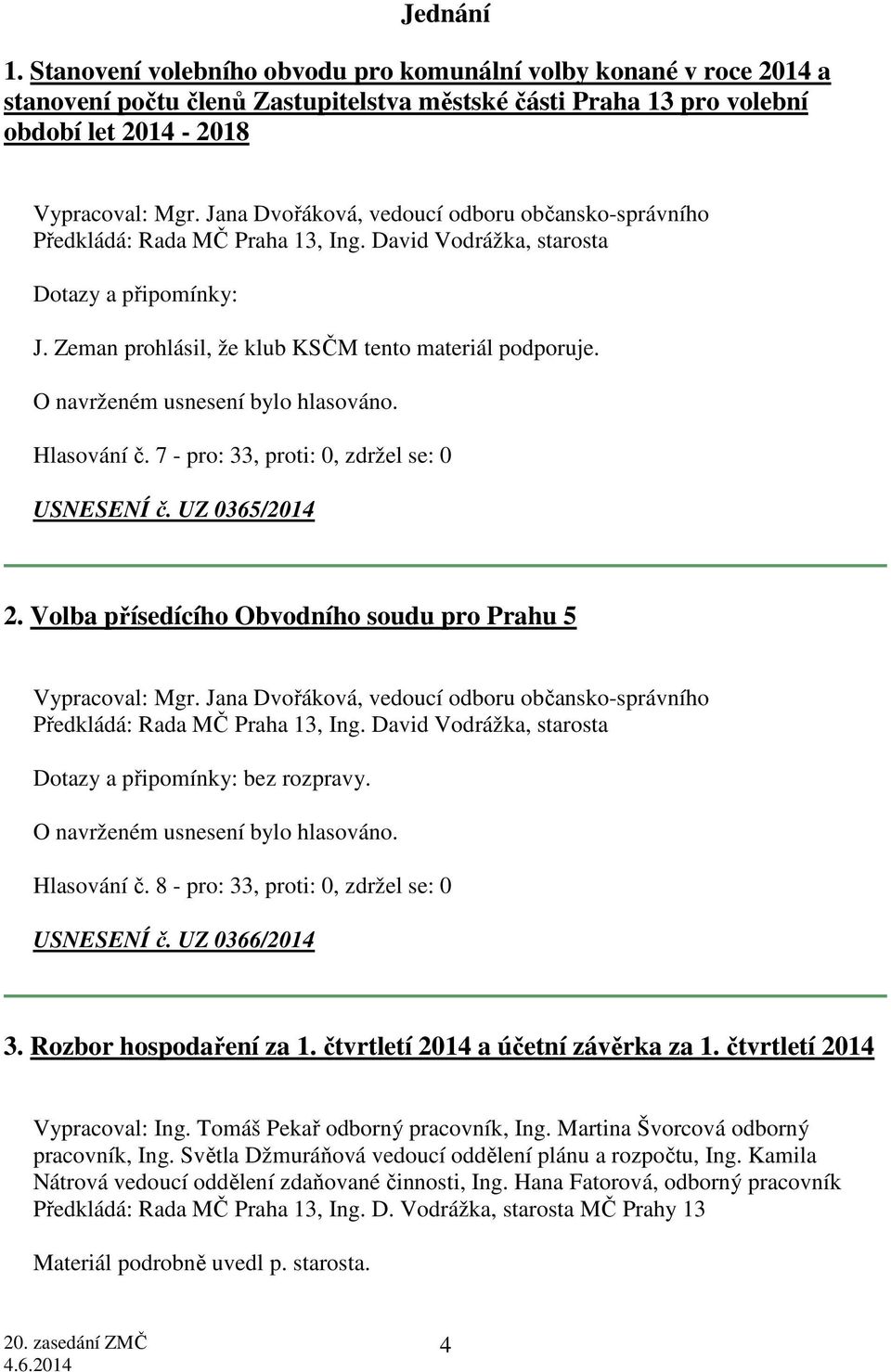 7 - pro: 33, proti: 0, zdržel se: 0 USNESENÍ č. UZ 0365/2014 2. Volba přísedícího Obvodního soudu pro Prahu 5 Vypracoval: Mgr.