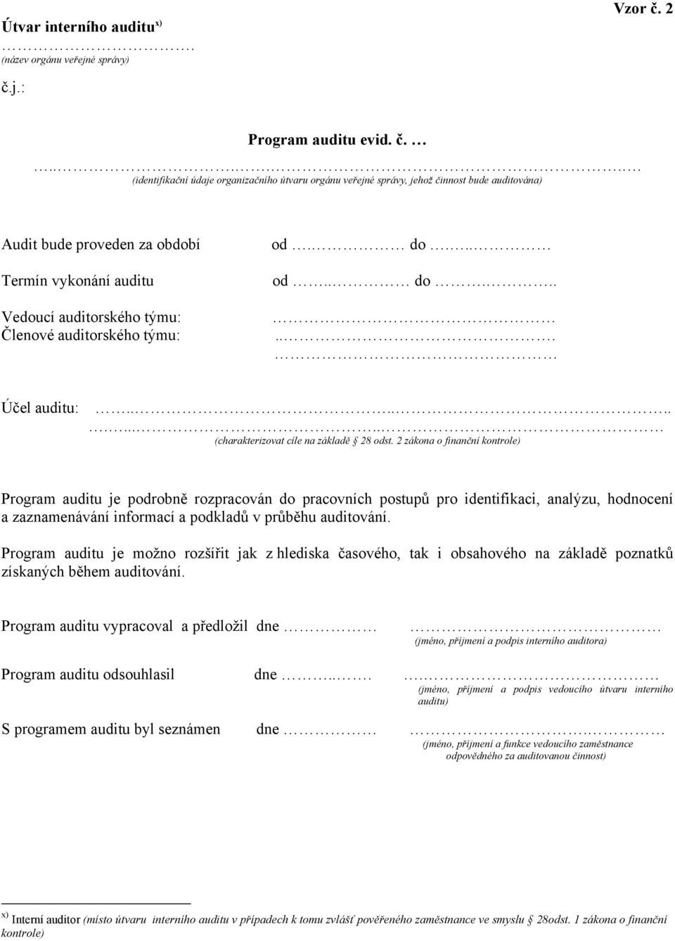 ...... (identifikační údaje organizačního útvaru orgánu veřejné správy, jehož činnost bude auditována) Audit bude proveden za období Termín vykonání auditu Vedoucí auditorského týmu: Členové