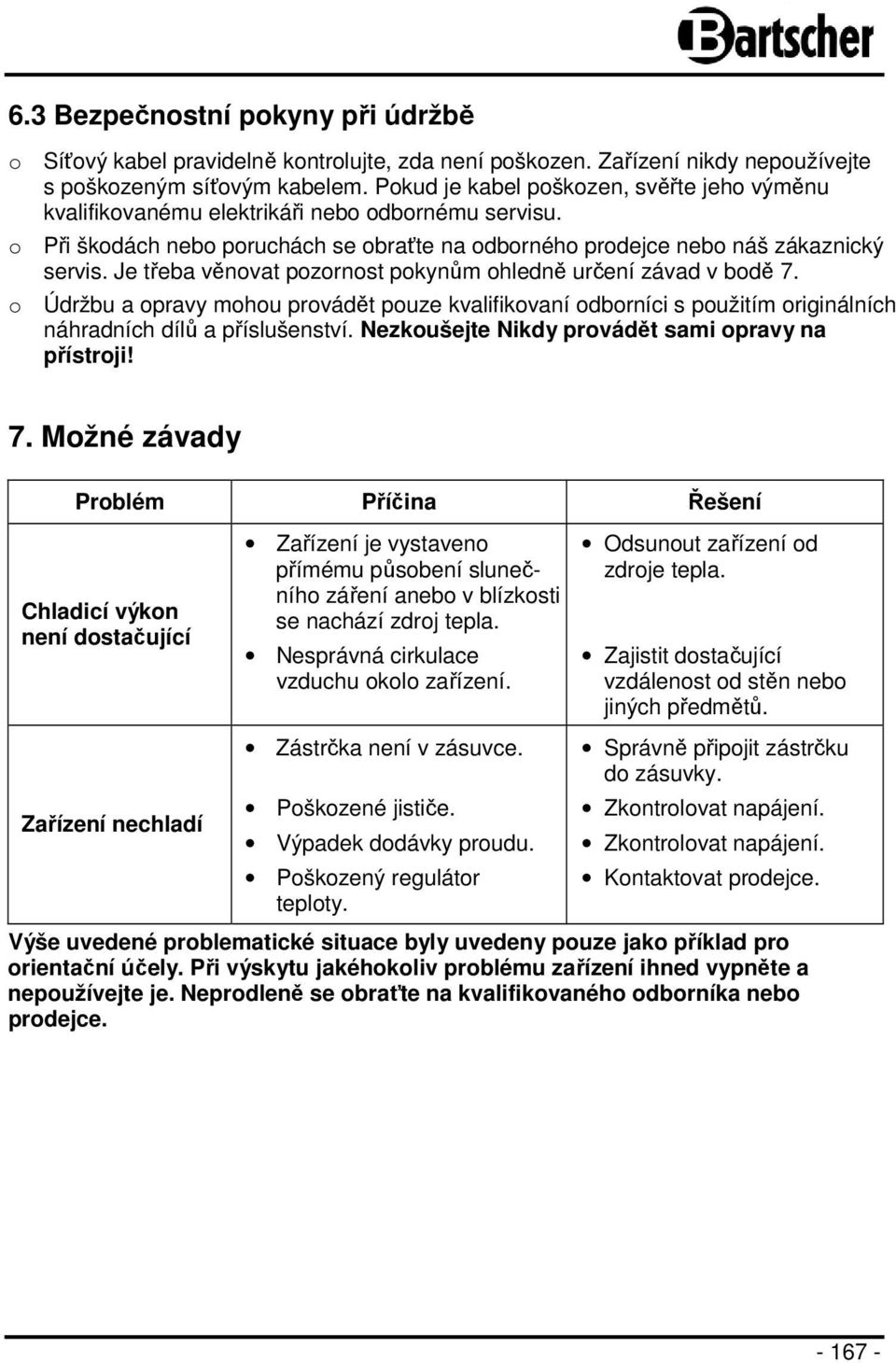 Je třeba věnovat pozornost pokynům ohledně určení závad v bodě 7. o Údržbu a opravy mohou provádět pouze kvalifikovaní odborníci s použitím originálních náhradních dílů a příslušenství.