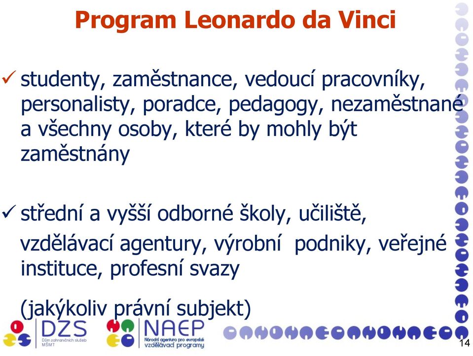 mohly být zaměstnány střední a vyšší odborné školy, učiliště, vzdělávací