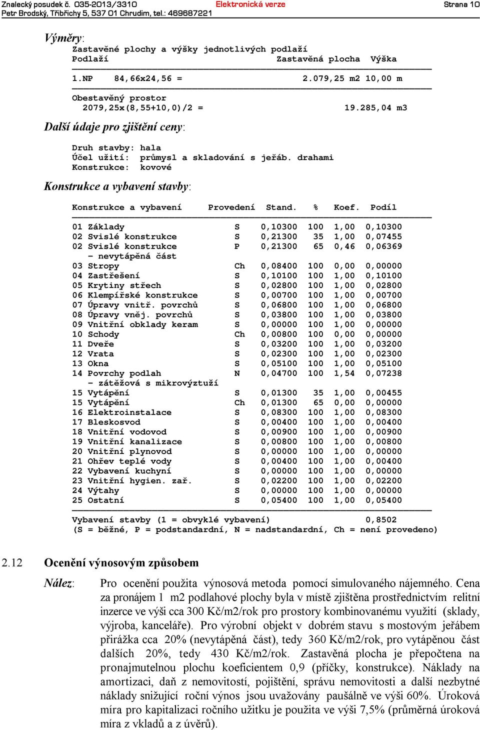 drahami Konstrukce: kovové Konstrukce avybavení stavby: 19.285,04 m3 Konstrukce a vybavení Provedení Stand. % Koef.