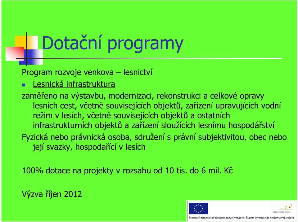 objektů a ostatních infrastrukturních objektů a zařízení sloužících lesnímu hospodářství Fyzická nebo právnická osoba, sdružení s