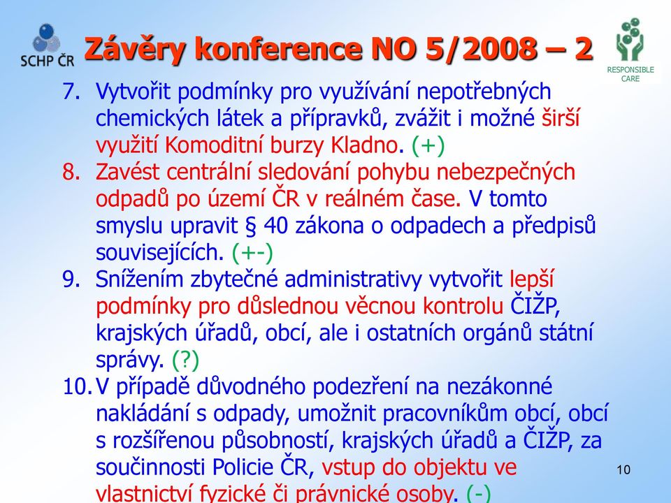 Snížením zbytečné administrativy vytvořit lepší podmínky pro důslednou věcnou kontrolu ČIŽP, krajských úřadů, obcí, ale i ostatních orgánů státní správy. (?) 10.