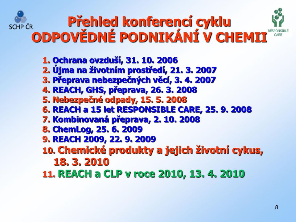 Nebezpečné odpady, 15. 5. 2008 6. REACH a 15 let, 25. 9. 2008 7. Kombinovaná přeprava, 2. 10. 2008 8. ChemLog, 25.