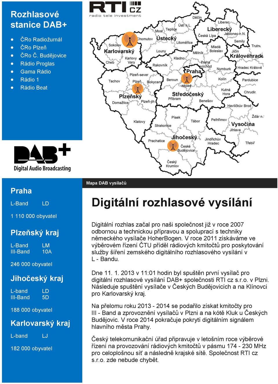 L-band LJ 182 000 obyvatel Mapa DAB vysílačů Digitální rozhlasové vysílání Digitální rozhlas začal pro naši společnost již v roce 2007 odbornou a technickou přípravou a spoluprací s techniky